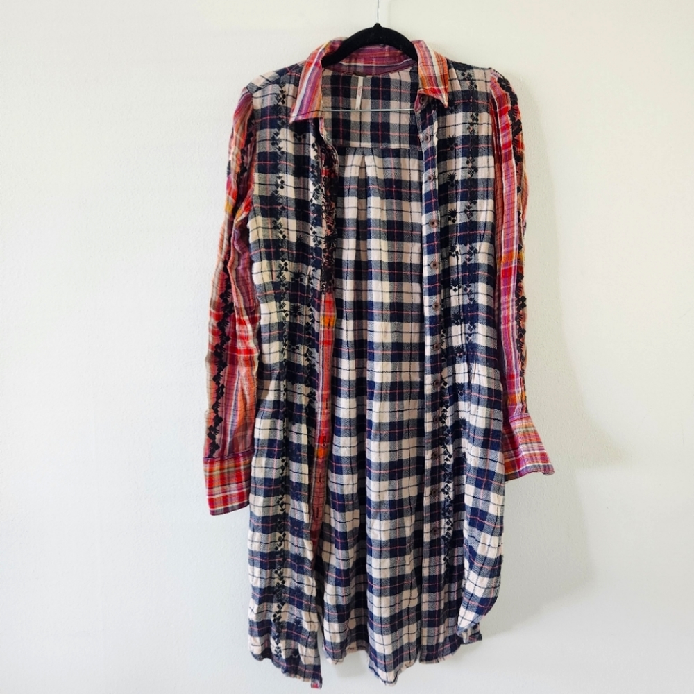 Free People Grunge Plaid Long Crochet Blouse Button Down